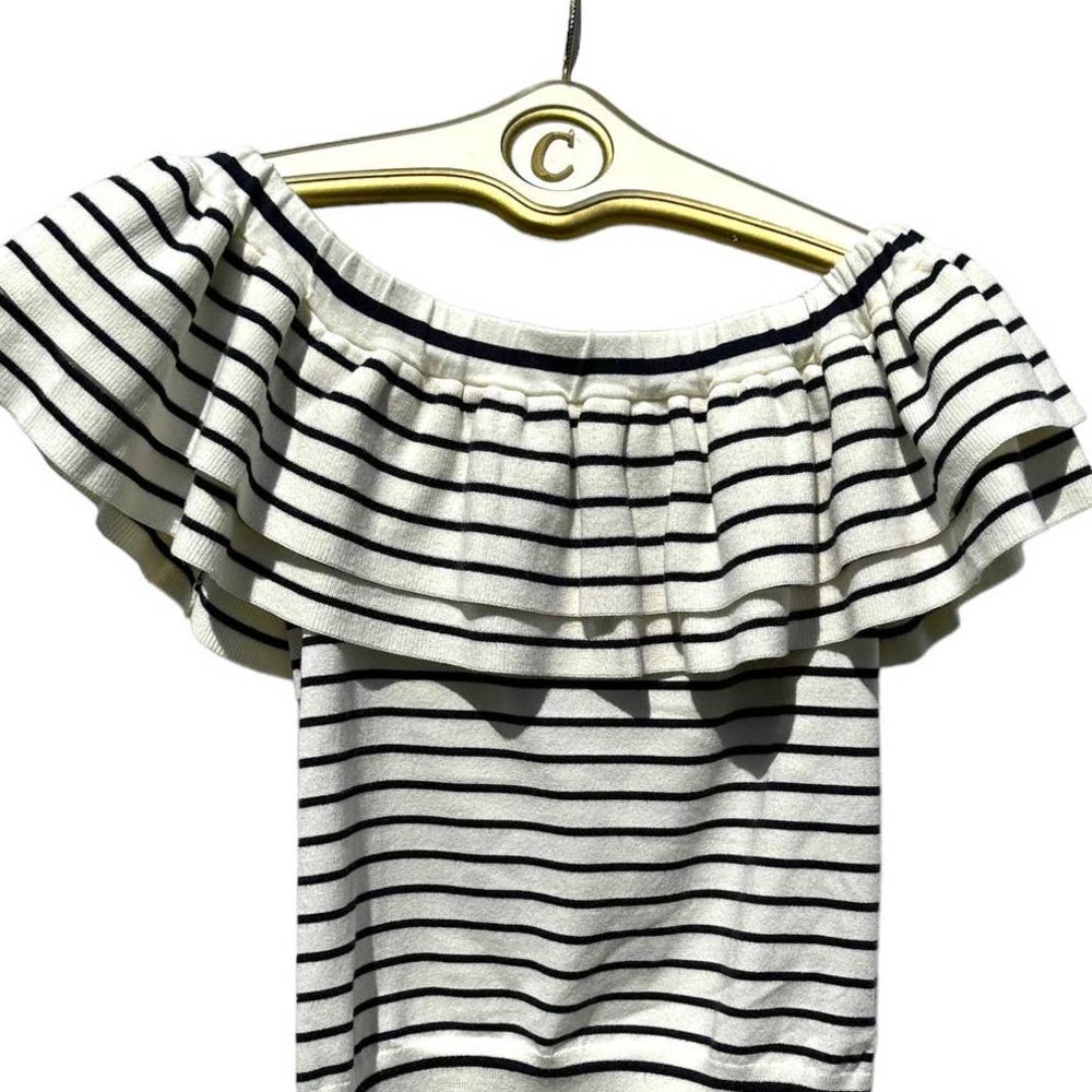 J. Crew - Off the Shoulder Striped Knit Top w/Double Ruffles, White/Black, SizeS - Picture 12 of 12